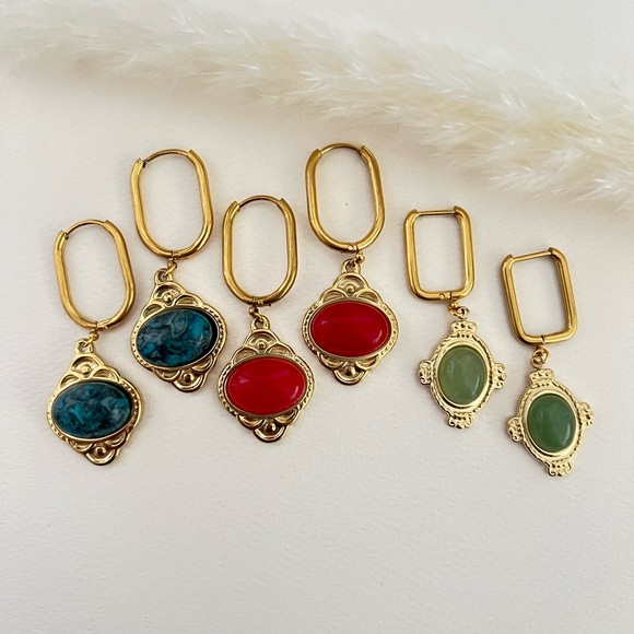 Elegant Stone Pendant Hoops - Dainty Boho Earrings - Flirty Coquette Earrings - Picture 1 of 15